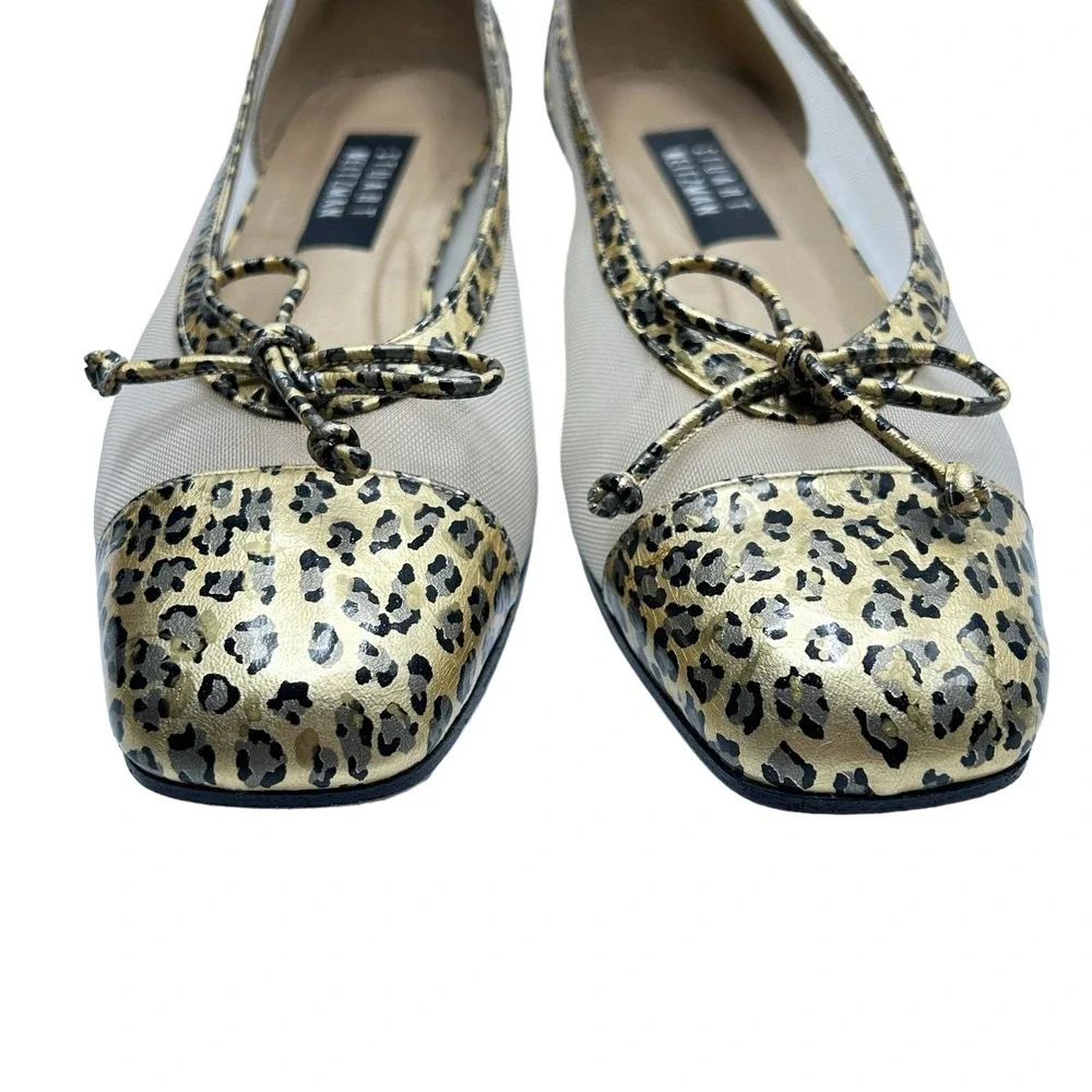 Stuart Weitzman Beige Flats with Gold Leopard Cap-Toe and Bow
